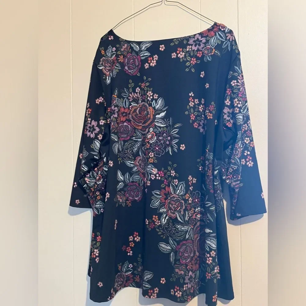 ZAC AND RACH Top Women 2x Black Floral Hi Low Flowy Tunic Long Sleeve‎ Stretch